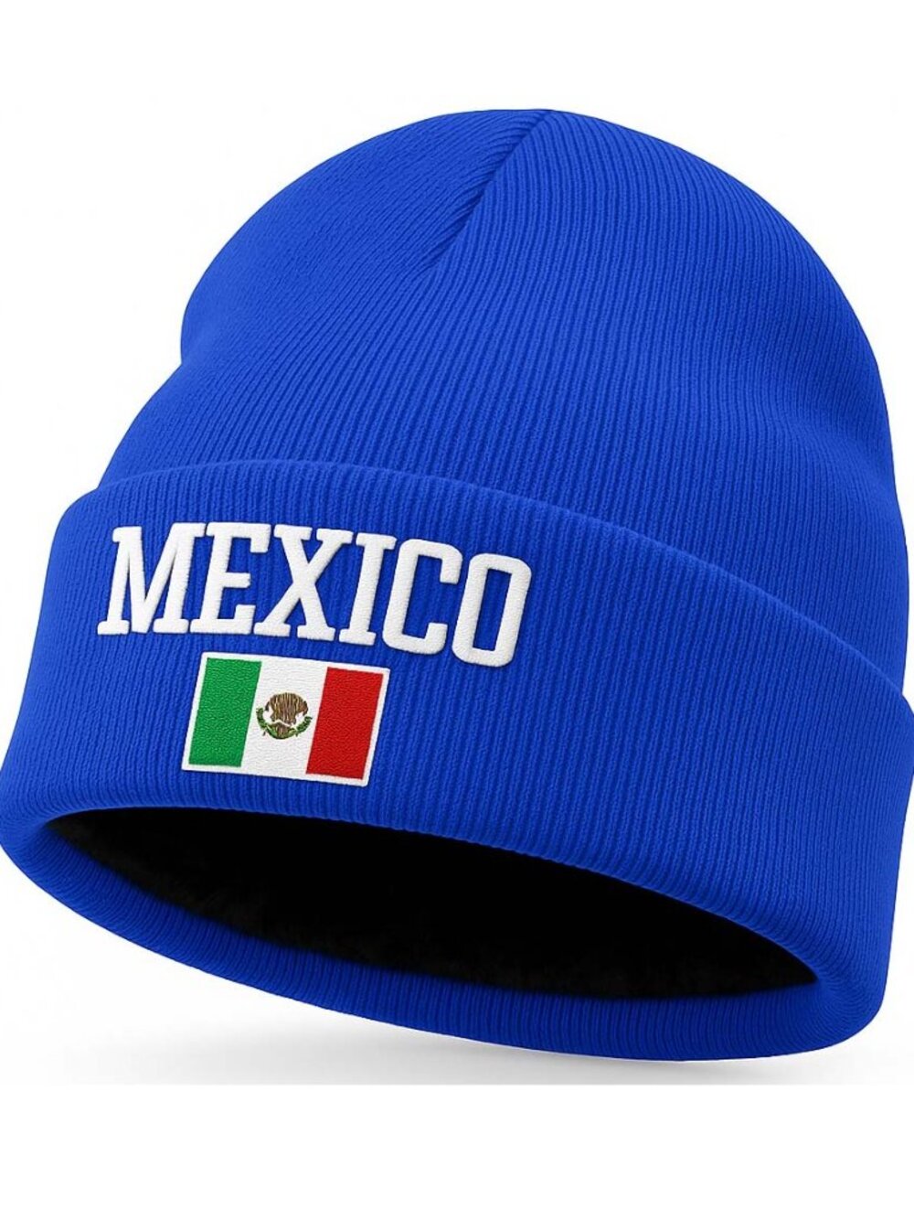 Fleece Lined Mexico Beanie Hat, Blue